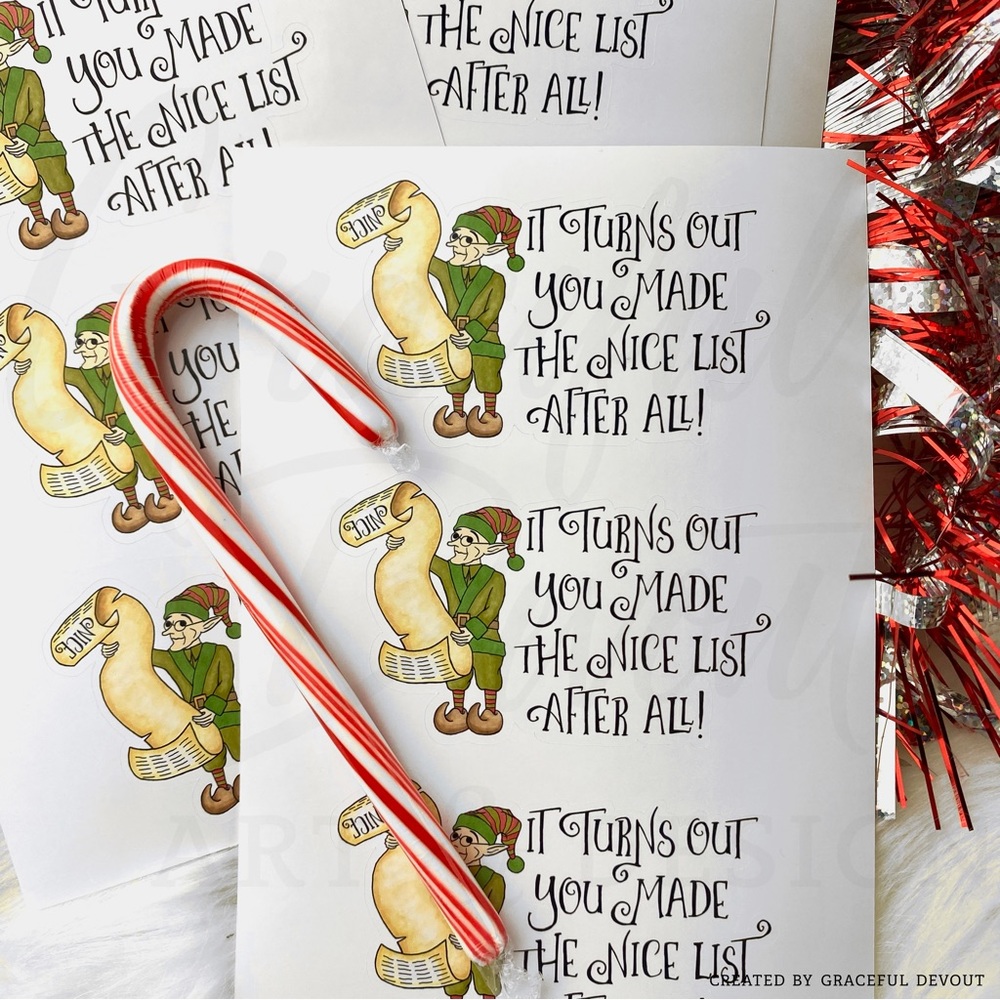 Elf Gift Wrap Stickers. “It Turns Out You Made The Nice List After All”- (24ct.) - Picture 5 of 5